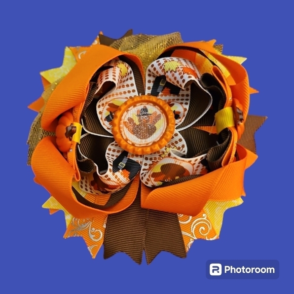 Large Turkey Thanksgiving Fall Round Ribbon Hair Bow - Picture 1 of 7